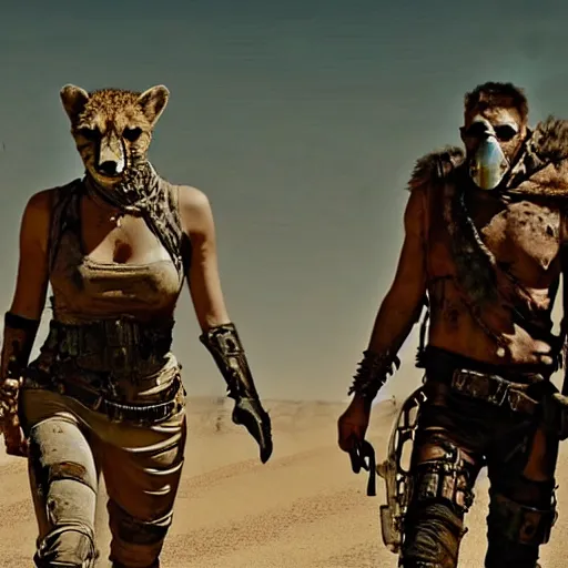 Prompt: a film still from the movie mad max fury road of the anthropomorphic anthro cheetah wolf lizard raiders wearing scavenger clothes standing in the post apocalyptic wasteland