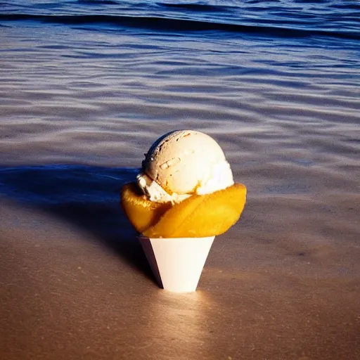 Prompt: a detailed photograph of a levitating ice cream cone growing out of a hamburger hovering over the ocean