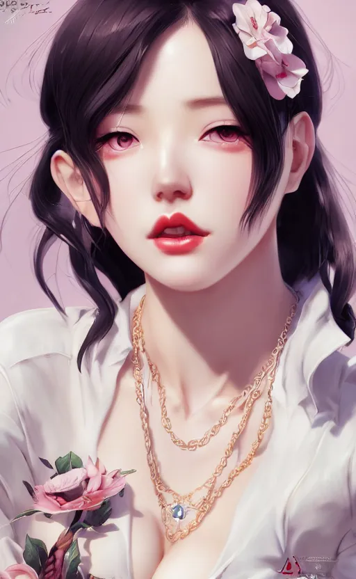 Image similar to a pin up and beautiful fashion charming dreamlke korea girl with lv jewelry, character art, art by artgerm lau and kyoung hwan kim and and ilya kuvshinov and john singer sargent, hyperdetailed, 8 k realistic, symmetrical, frostbite 3 engine, cryengine, dof, trending on artstation, digital art