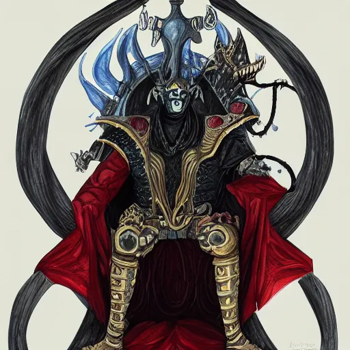 Image similar to a detailed gouache drawing of azazel the enthroned encapsulated in demonskin in the style of dark fantasy, 8k, magic realism, artstation,HQ,deviantart,maximalist