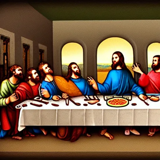 Prompt: the last supper pizza party