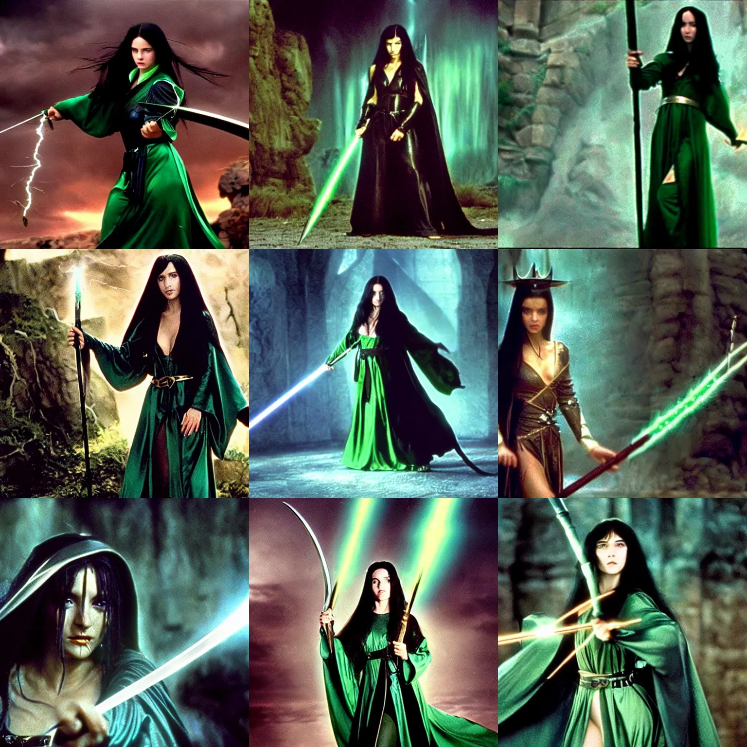 Prompt: epic photo of young beautiful medieval sorceress with very long black hair wearing a green satin robe and metal belt, battle scene, holding her wizard staff electricity emanating from it, sweaty, in the film excalibur 1 9 8 0, movie still, cinematography by david fincher
