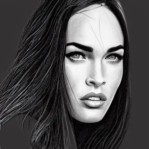 Image similar to “Megan Fox, portrait!!! Portrait based on doodles, scribbled lines, sketch by Liz Y Ahmet, monochrome, concept Art, million lines, white background, ultra detailed portrait, 4k resolution”