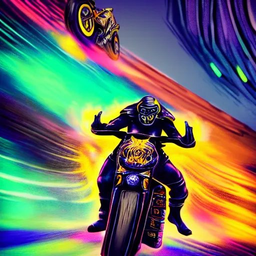 Image similar to psychedelic blacklight neon airbrush artwork, motorcycle, hyper stylized cinematic action shot of an orc racing on a motorcycle, menacing orc, drifting, skidding, wheelie, clear focused details, soft airbrushed artwork, black background, post apocalypse, cgsociety, artstation, peter lloyd art, peter palombi art