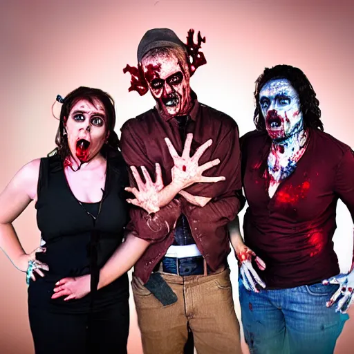 Prompt: the hosts of Best of the Worst as zombies