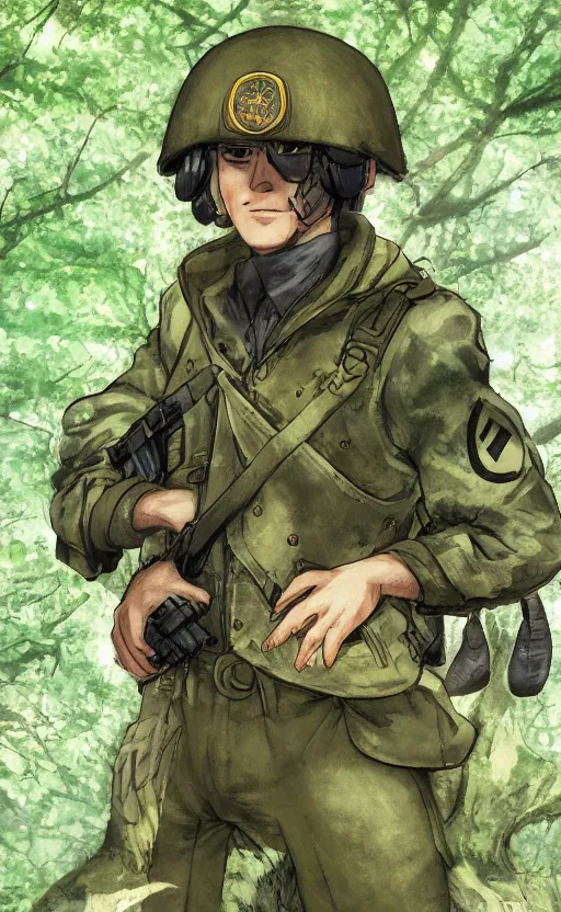 Image similar to close up character portrait icon of the german shepard military uniform head animal person wearing clothes standing in the bright forest, hidari, color page, tankoban, 4 k, tone mapping, akihiko yoshida