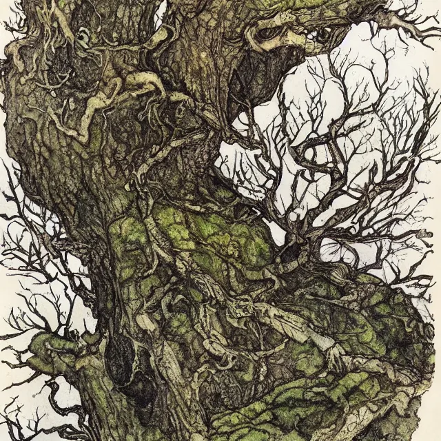 Prompt: a detailed, intricate watercolor and ink illustration with fine lines, of a mossy oak tree, by arthur rackham and edmund dulac and ted nutall