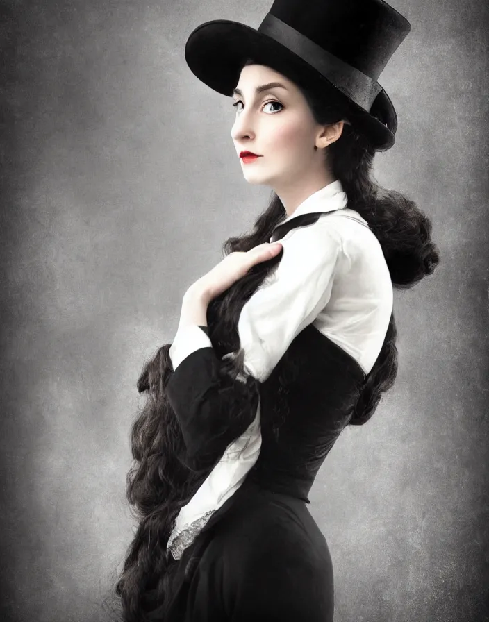 Image similar to Close up portrait of an elegant long haired lady wearing a gentleman suit and tophat in anime style, highly detailed, matte painting, noir, 70s, americana, photorealistic, ethereal ghostly atmosphere