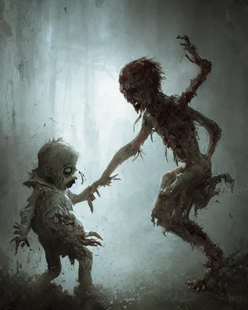 Image similar to a child zombie walking after a scared teenager by jean baptiste monge and greg rutkowski, painterly