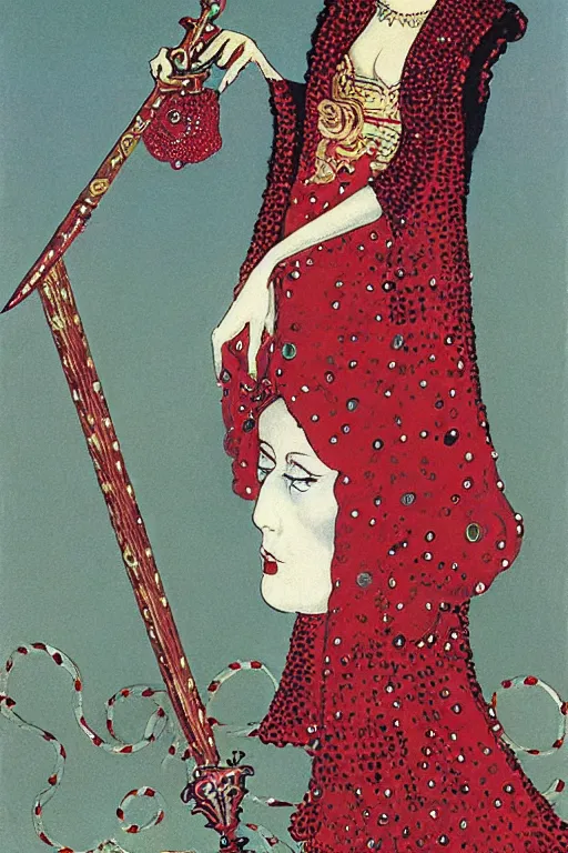 Prompt: Lord Licorice in a red and black sequins cape holding a peppermint sword, painting by Kay Nielsen, candyland