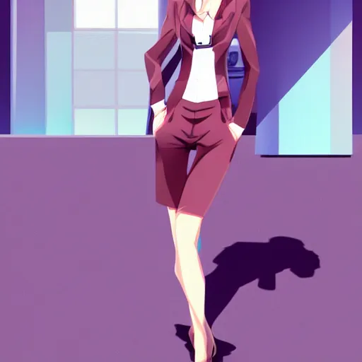 Prompt: a girl wearing a business suit, she is near a swimming pool, anime art, digital painting, smooth, hd, elegant