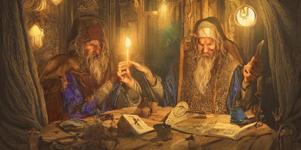 Prompt: wizard doing a tarot reading, cards, fantasy, digital art, soft lighting, 8 k, highly detailed