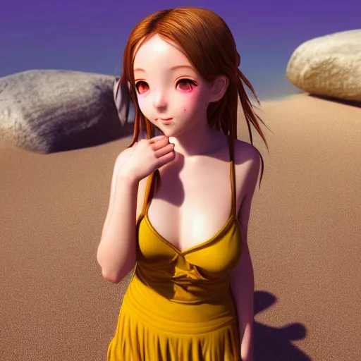 Image similar to portrait of a very beautiful 3d anime girl, long hair, hazel eyes, cute freckles, full round face, short smile, cute sundress, golden hour, serene beach setting, medium shot, mid-shot, highly detailed, trending on Artstation, Unreal Engine 4k