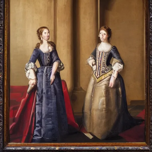 Image similar to oil portrait. two women in a vast castle lobby wearing fine clothes. dark room with light coming through the right side of the place. baroque style 1 6 5 6. high quality painting, no distortion on subject faces.