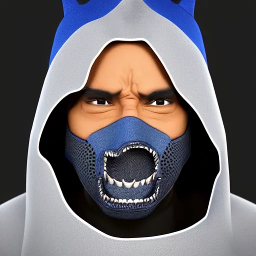 Image similar to a highly detailed, portrait of a man with black hair with a black medical mask, in a hood in the form of a blue shark with white teeth, artstation, DeviantArt, professional, octane render, digital art