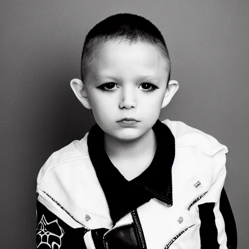 Image similar to the face of punk rock alien at 5 years old wearing balenciaga clothing, black and white portrait by julia cameron, chiaroscuro lighting, shallow depth of field, 8 0 mm, f 1. 8