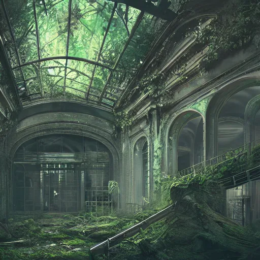 Image similar to interior of an overgrown abandoned museum in downtown New York city, moss atmospheric, kodak, fuji film, photoreal, 12k ursa, volumetric light, cinematic photograph concept art, intricate, artstation, studio ghibli, eddie mendoza, james chadderton