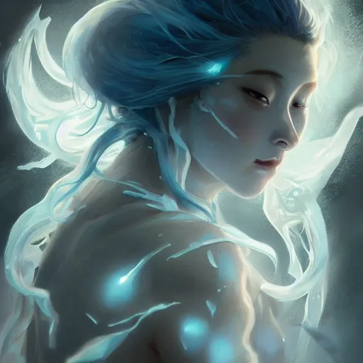 Image similar to female japanese ice elemental, ghostly form, transparent, d & d, highly detailed, digital painting, artstation, concept art, sharp focus, illustration, cinematic lighting, art by artgerm and greg rutkowski and alphonse mucha