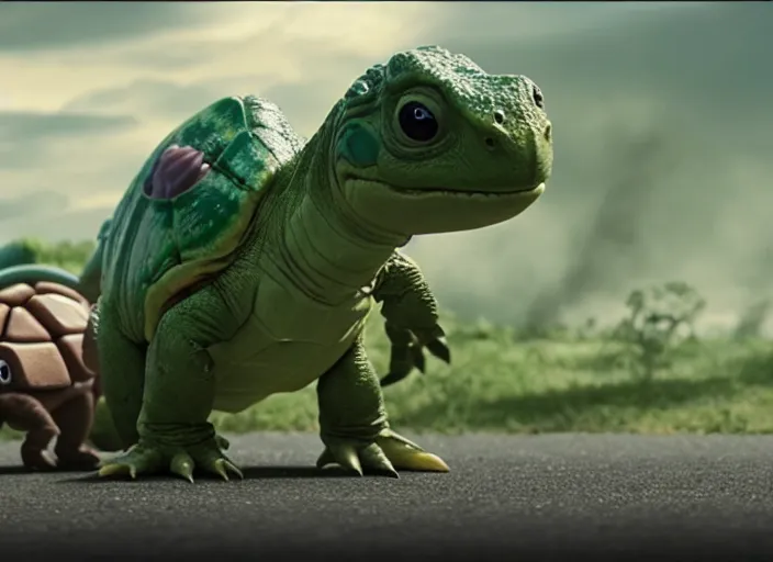 Image similar to film still of yoshi in the new sci - fi movie, cute upright dinosaur with a small turtle shell and long tongue, 8 k