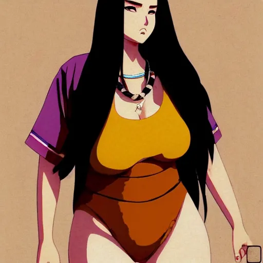 Image similar to a beautiful plus sized model japanese natalie portman, alluring plus sized model with brown skin, wearing mayan leotard with overalls, street fashion hip hop style with mayan patterns, aztec street fashion, gapmoe yandere grimdark, trending on pixiv fanbox, painted by greg rutkowski makoto shinkai takashi takeuchi studio ghibli, akihiko yoshida