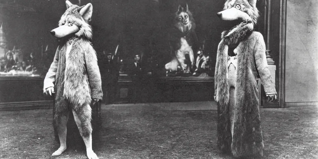 Prompt: anthropomorphic furry wolf at the worlds fair, 1900s photograph