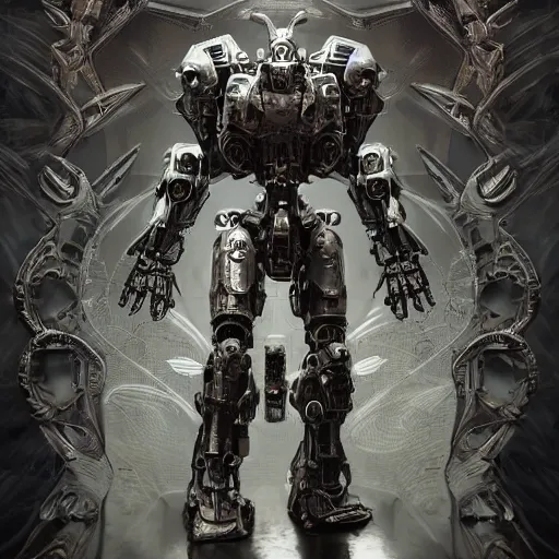 Image similar to mecha, highly detailed, dark enlightenment, alchemy, Nigredo, cinematic smooth stone, deep aesthetic, concept art, post process, 4k, dark metal, highly ornate intricate details, art deco,