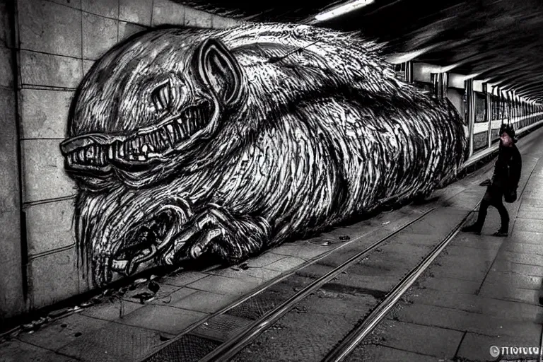 Prompt: very large giant mutant zombie irradiated angry rat staying on railways in tonnel of moscow subway. extreme high detail, very realistic. low dark light, scary mood. giger