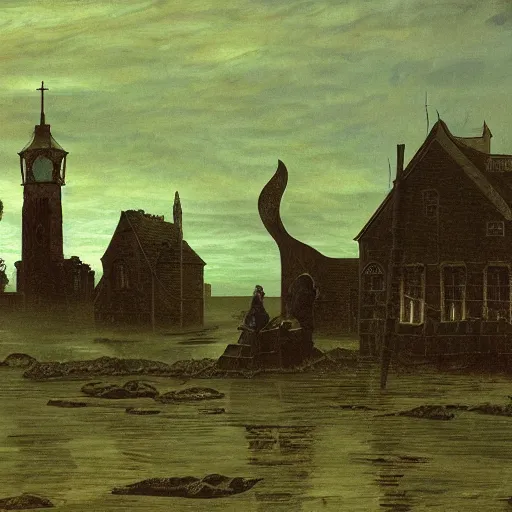 Image similar to innsmouth, wanderer, fishpeople, fishing town, church, night, dramatic light, lovecraft, painted by caspar david friedrich