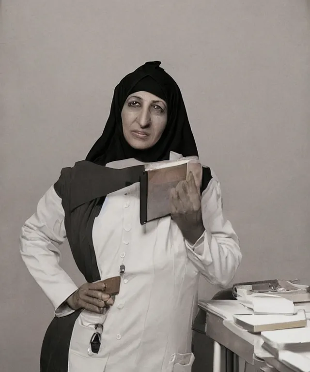 Prompt: a color photograph of the nurse marzieh zakeri in her workplace, by thomas ruff, out of place, intense, bold, hyperrealistic, ultra sharp, extra details, ultra high quality, trending on pinteresst