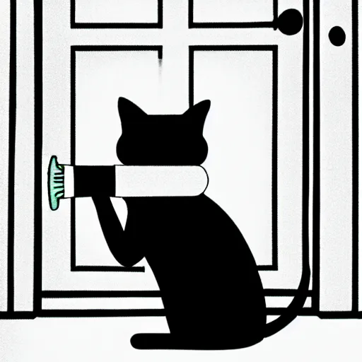 Prompt: a grey british short cat is sitting in front of a closed white door. the cat is holding a megaphone. the cat is meowing through the megaphone. manga art. black and white.