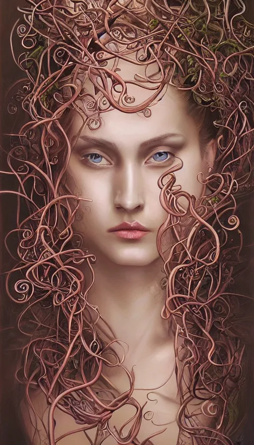 Image similar to very detailed portrait of a 2 0 years old girl surrounded by tentacles, the youg woman visage is blooming from fractal and vines, by rob hefferan