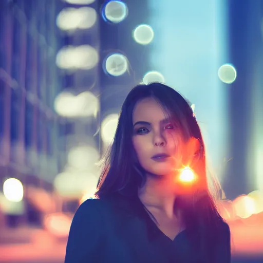 Image similar to photograph of a beautiful young woman in a city at night with bokeh, lens flare, out of focus light sources