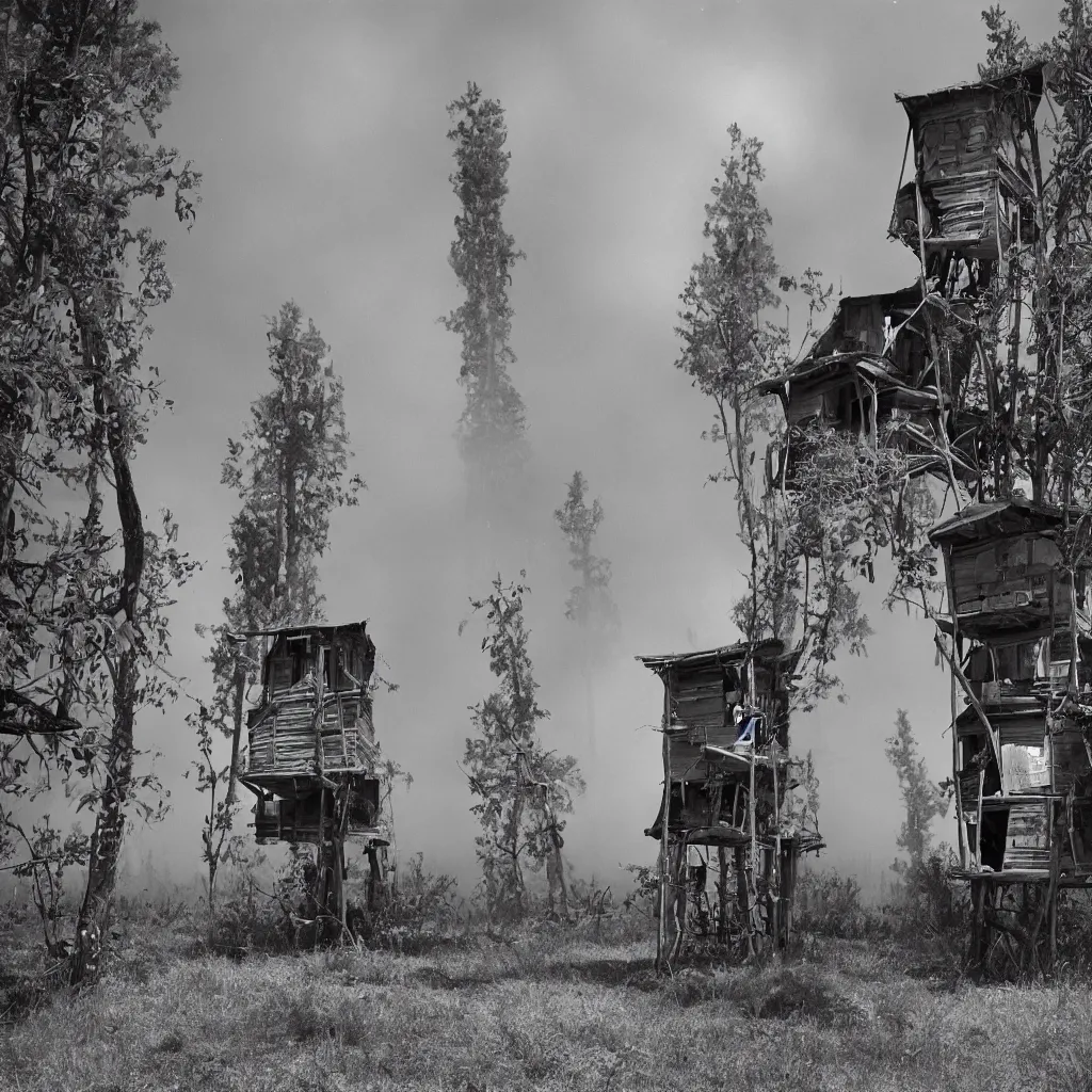 Image similar to two large towers, made up of makeshift squatter shacks, misty, mamiya rb 6 7, very detailed, photographed by ansel adams