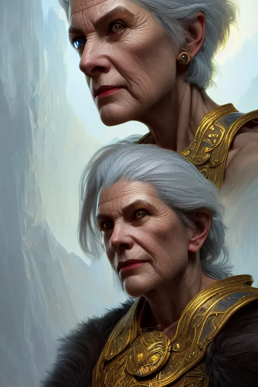 Image similar to portrait of a middle aged grey haired woman in the style of god of war, golden machine parts, intricate, elegant, highly detailed, digital painting, artstation, concept art, smooth, sharp focus, illustration, art by artgerm and greg rutkowski and alphonse mucha, 8 k