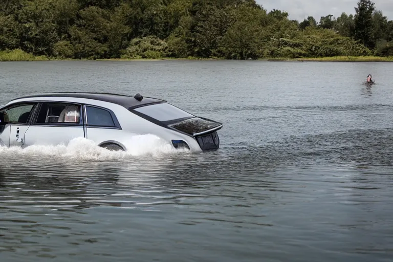 Image similar to Teenagers push Rolls-Royce into lake with their hands from a small slide wanting to drown him