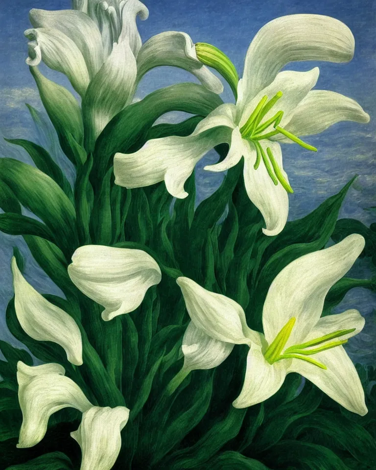 Prompt: achingly beautiful painting of one white lily on green background rene magritte, monet, and turner. piranesi.