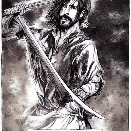 Image similar to pen and ink!!!! attractive 22 year old deus ex Frank Zappa x Jared Leto golden Vagabond!!!! magic swordsman!!!! glides through a beautiful battlefield magic the gathering dramatic esoteric!!!!!! pen and ink!!!!! illustrated in high detail!!!!!!!! by Hiroya Oku!!!!!!!!! Written by Wes Anderson graphic novel published on shonen jump MTG!!! 2049 award winning!!!! full body portrait!!!!! action exposition manga panel