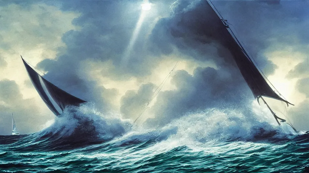 Prompt: a massive giant wet kitten coming out of a stormy sea attacking a small sail boat, giant waves, sunbeams in background, intricate, detailed, volumetric lighting, sharp focus, scenery, photorealism, digital painting, highly detailed, concept art, by roger dean and steve mccurry