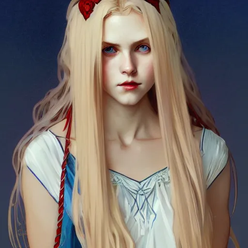 Prompt: portrait of a beautiful young fit girl vampire with long blonde hair and blue eyes, wearing a skirt, by greg rutkowski and alphonse mucha, d & d character, gradient white to red, modern nocturnal background, highly detailed portrait, digital painting, artstation, concept art, smooth, sharp focus ilustration, artstation hq