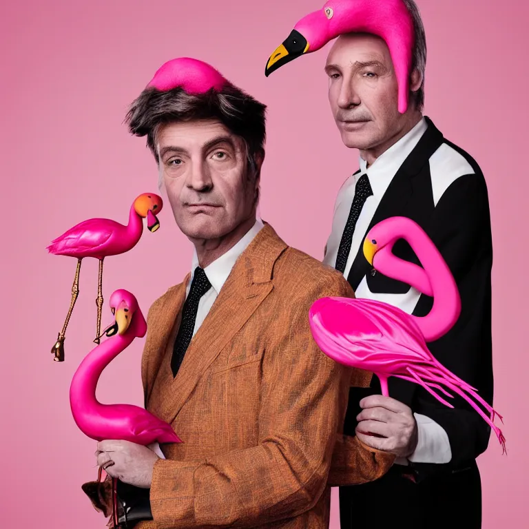 Image similar to high fashion photoshoot octane render portrait by wayne barlow and carlo crivelli and glenn fabry, a distinguished actor wearing a colorful wes anderson designed uniform and holding an irritated pink flamingo inside a high - end exotic colorful pastel vintage boutique hotel lounge, very short depth of field, bokeh