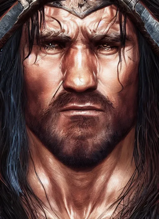 Image similar to comic book style portrait painting of a conan the barbarian in a stunning fantasy setting, unreal 5, DAZ, hyperrealistic, octane render, dynamic lighting