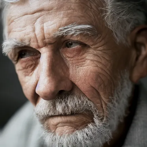 Prompt: film still, portrait of an old man, wrinkles, dignified look, grey silver hair, peculiar nose, wise, eternal wisdom and beauty, incredible lighting and camera work, depth of field, bokeh, screenshot from a hollywood movie