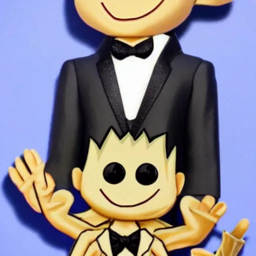 Image similar to baby groot in a tuxedo