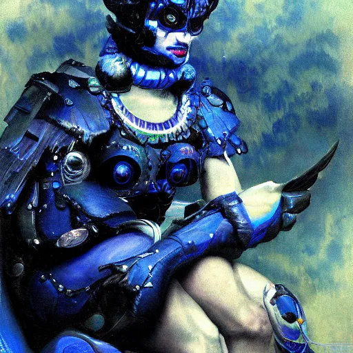 Image similar to hi - tech version of blue demon seated, with hi - tech singularity digital body interface. highly detailed fantasy science fiction painting. paint by vrubel. dark. high contrast. artstation