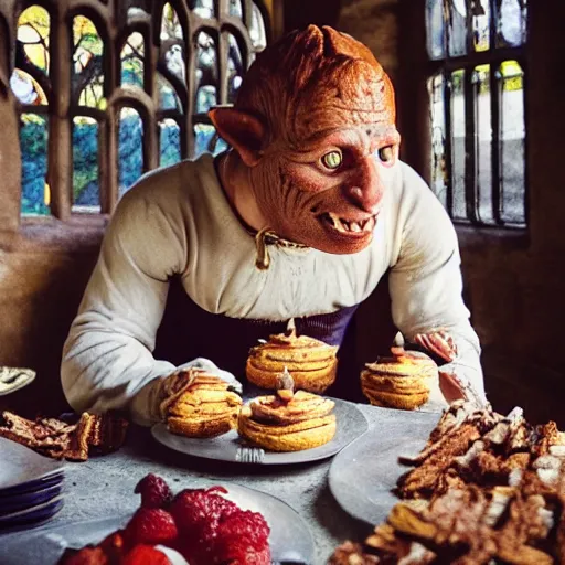 Prompt: closeup portrait of a medieval goblin eating cakes in the cloisters, depth of field, zeiss lens, detailed, symmetrical, centered, fashion photoshoot, by annie leibovitz and steve mccurry, david lazar, jimmy nelsson, breathtaking, 8 k resolution, extremely detailed, beautiful, establishing shot, artistic, hyperrealistic, beautiful face, octane render