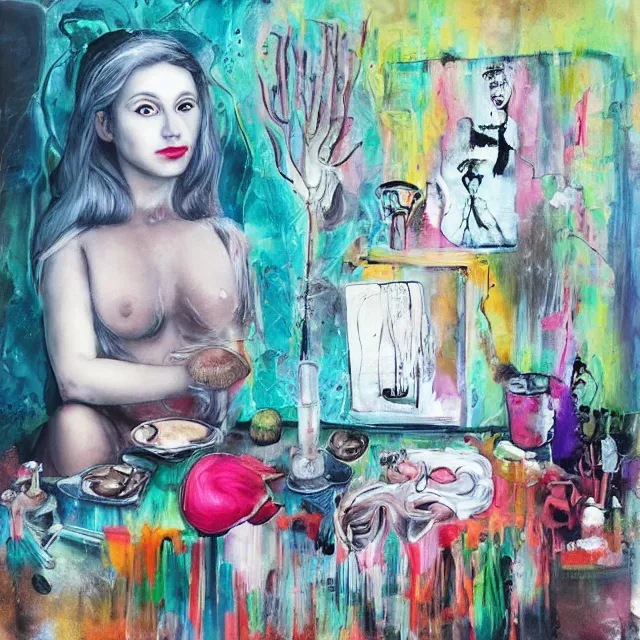 Image similar to “ a portrait in a female art student ’ s apartment, mushrooms, sensual, art supplies, a candle dripping white wax, berry juice drips, acrylic and spray paint and oilstick on canvas, surrealism, neoexpressionism ”