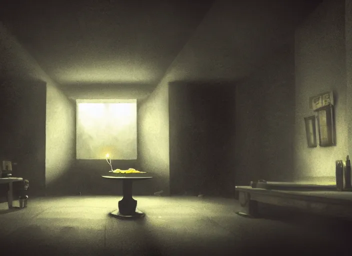 Prompt: dark liminal room, lemon sits idly on a centered table, eerie atmosphere, dark dramatic lighting, trending on artstation