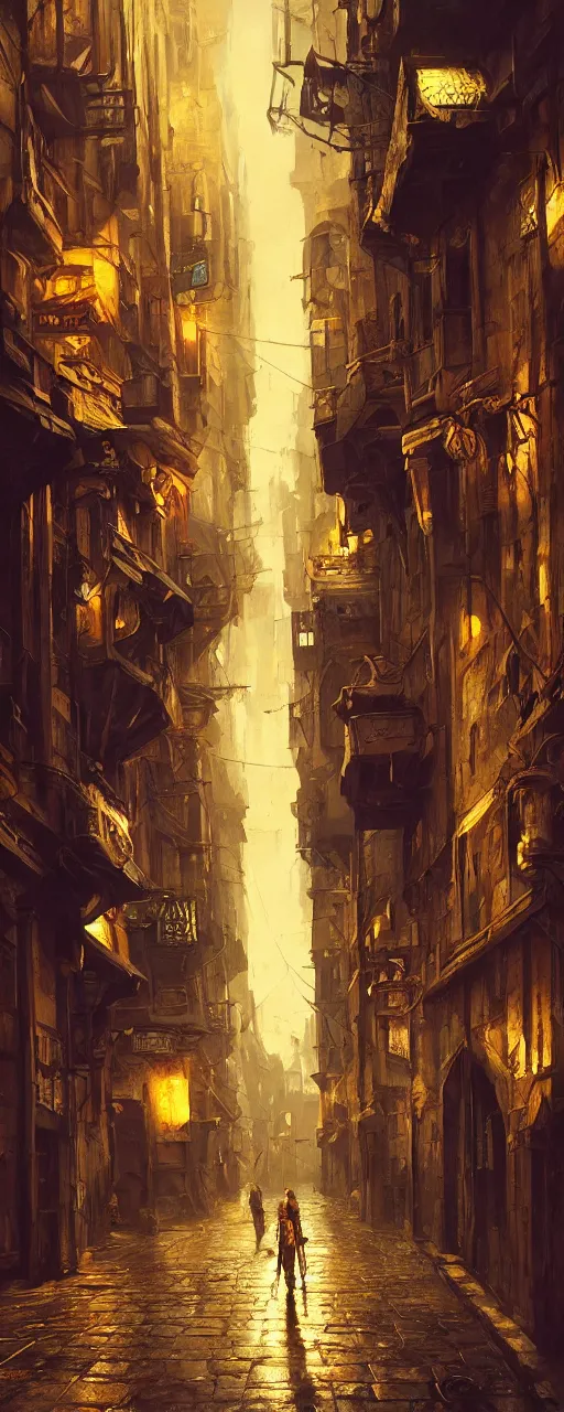 Prompt: an epic painting of the dark medieval city street, oil on canvas, cold colors, perfect composition, golden ratio, beautiful detailed, photorealistic, digital painting, artstation, concept art, smooth, sharp focus, illustration, cyberpunk background, artstation trending, octane render, unreal engine