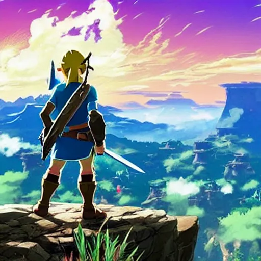 Prompt: link looking out into a beatuful landscape, legend of zelda breath of the wild cinematic, studio ghibli, miyazaki