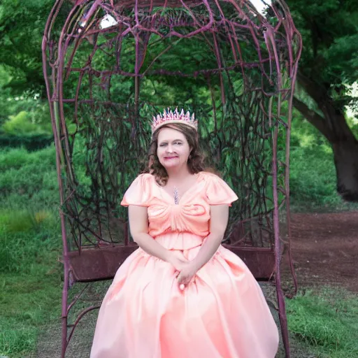 Prompt: a peach wearing a crown and a pink dress